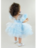 Sky Blue Ruffle Tulle Sleeves Sparkly Flower Girl Dress